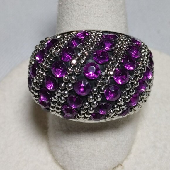 Beehive Dome Ring Purple Rhinestones Size 9 Beaded Accents Vintage Silver Tone - Picture 1 of 10